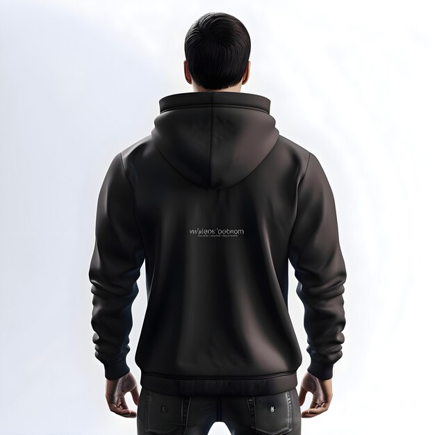 PSD back view of man in black hoodie on white background 3d rendering