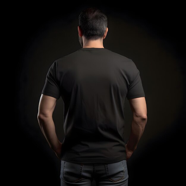 PSD back view of man in blank black polo t shirt on black background