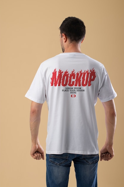 Back view man wearing cool tshirt mockup