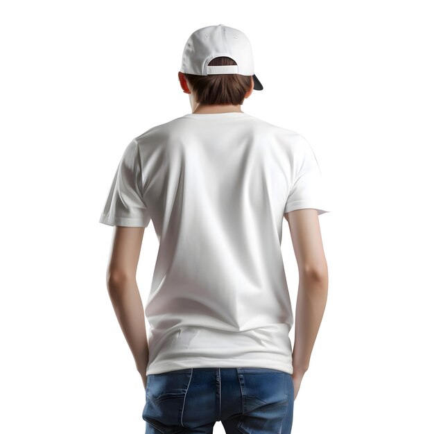 PSD back view of man in white blank t shirt on white background