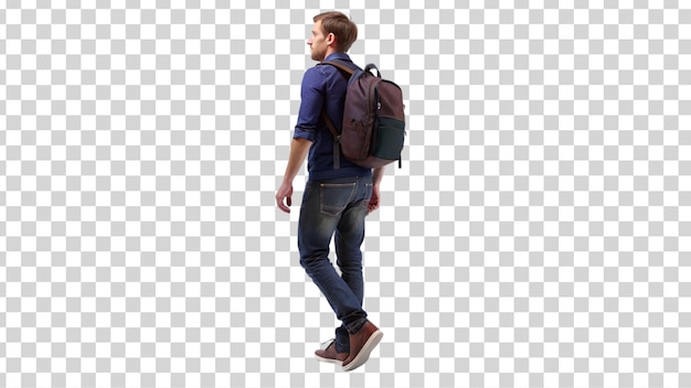 PSD Задний вид молодого человека с рюкзаком, идущего в изоляции на прозрачном фоне