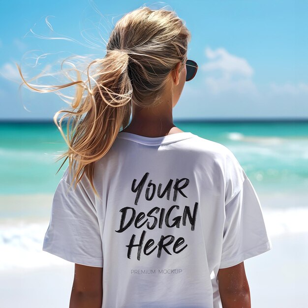 Back view psd mockup di maglietta bianca con una donna in vacanza estiva