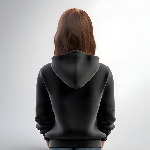 PSD back view of woman in black hoodie on gray background rear view