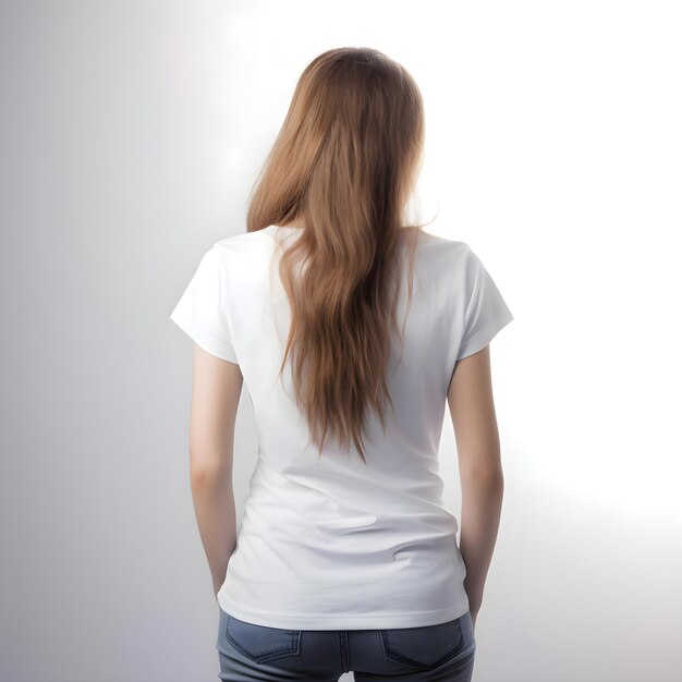 PSD back view of woman in blank white t shirt on grey background