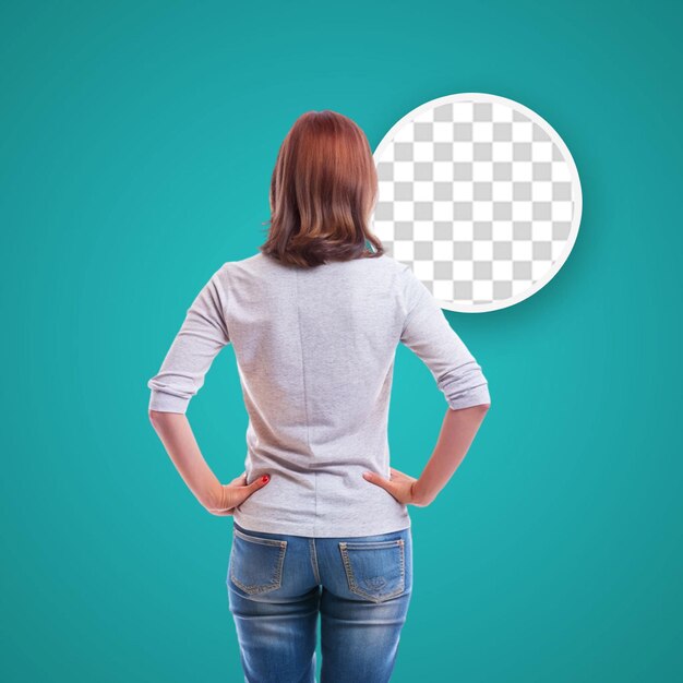 Back view of woman in blank white t shirt on white background