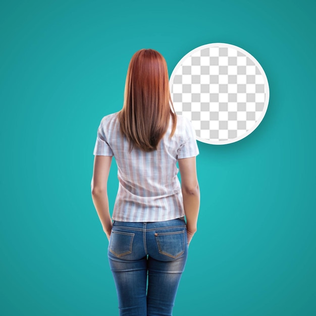 PSD back view of woman in blank white t shirt on white background