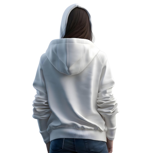 Back view of woman in hoodie on white background with clipping path