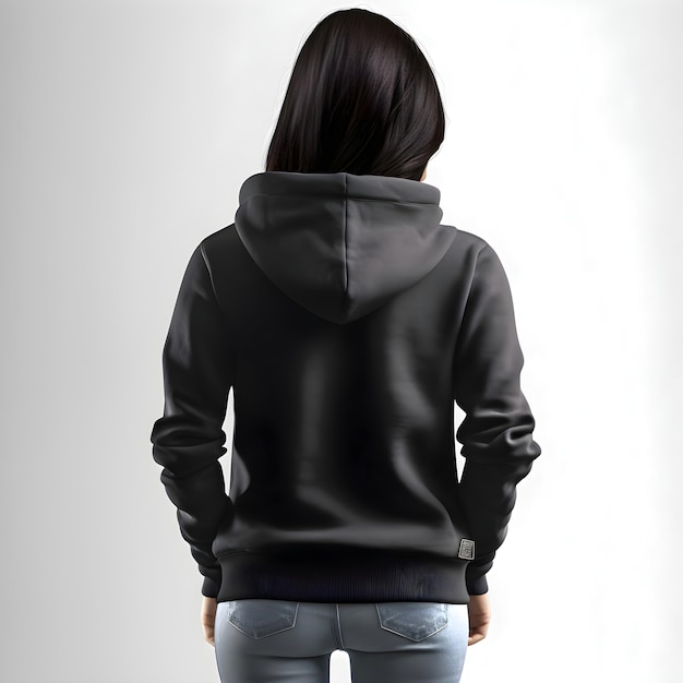 PSD back view of young woman in hoodie on gray background mock up