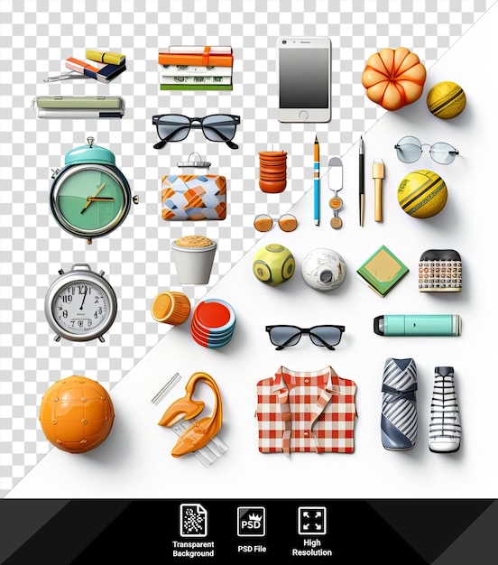 PSD background april fools day item set featuring a silver watch black glasses plaid shirt blue pen and orange pumpkin