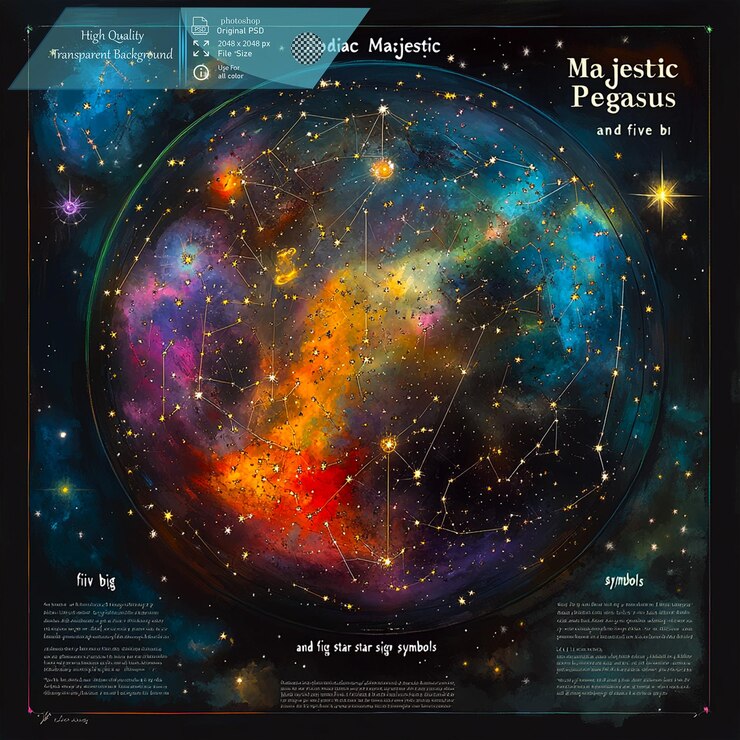 PSD background design with zodiac constellations and the text on transparent background