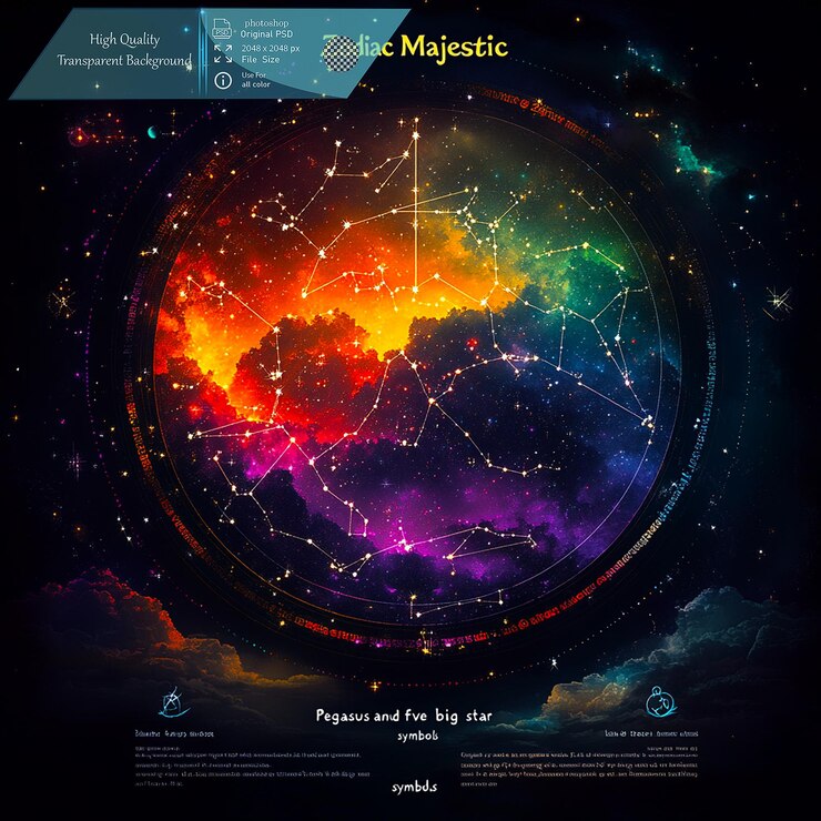 PSD background design with zodiac constellations and the text on transparent background