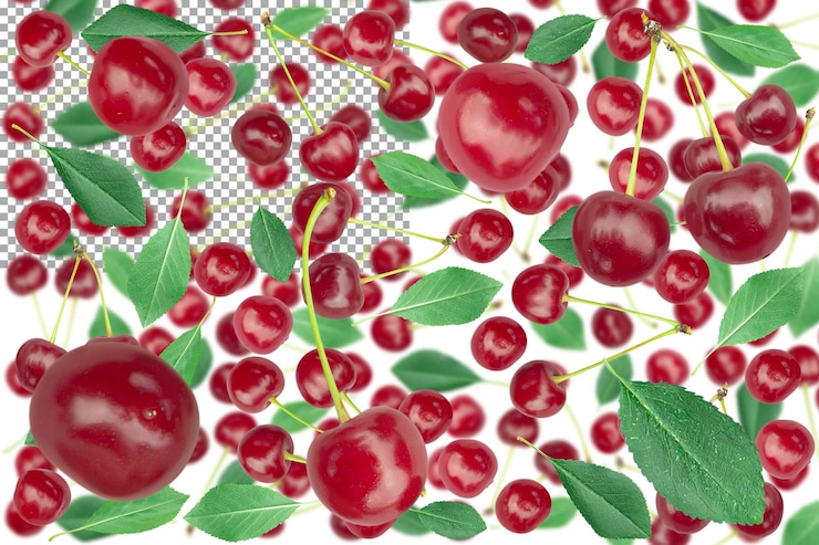 PSD background of fresh ripe cherries flying with leaves on a transparent background