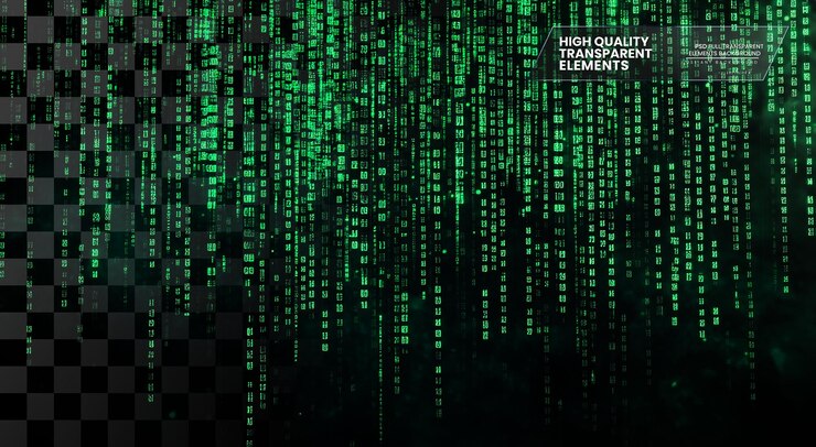 PSD background of green digital code flowing down on transparent background