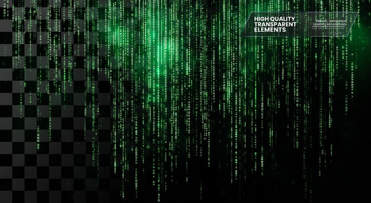 PSD background of green digital code flowing down on transparent background