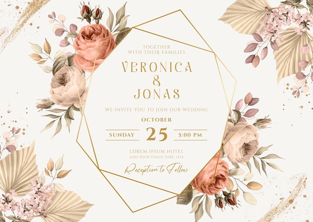 PSD background wedding invitation with dried floral and leaves decoration