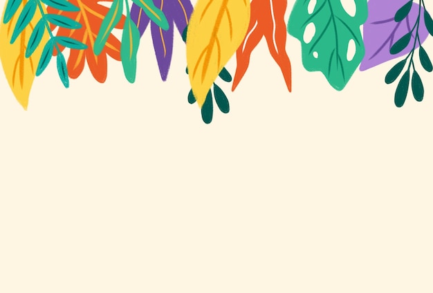 background with hand drawn illustration of tropical leaves colorful leaves arranged at the top