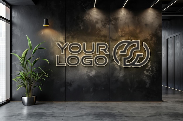 PSD backlit logo mockup on office wall with glowing effect