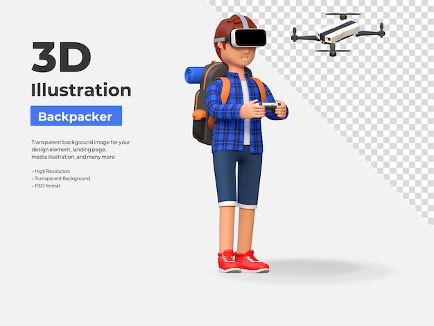 PSD backpacker играет в дрон с гарнитурой виртуальной реальности 3d иллюстрация персонажа из мультфильма