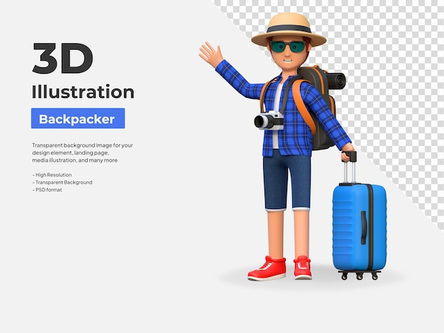 PSD zaino in spalla che agita la mano mentre tiene la borsa da viaggio nell'illustrazione del personaggio dei cartoni animati dell'aeroporto 3d