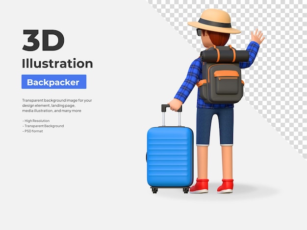 공항 3d 만화 캐릭터 삽화에서 여행 가방을 들고 손을 흔드는 백패커