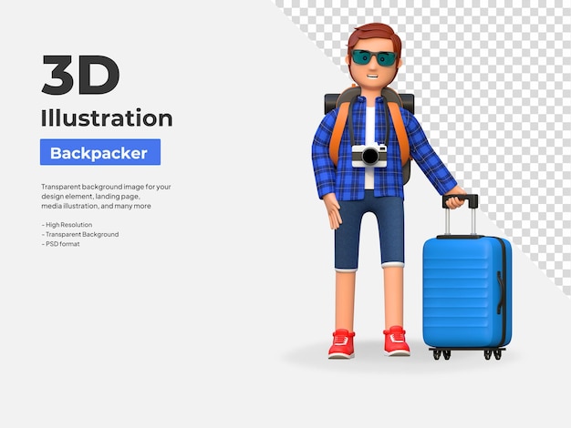 PSD backpacker waving hand while holding travel bag in airport 3d cartoon character illustration