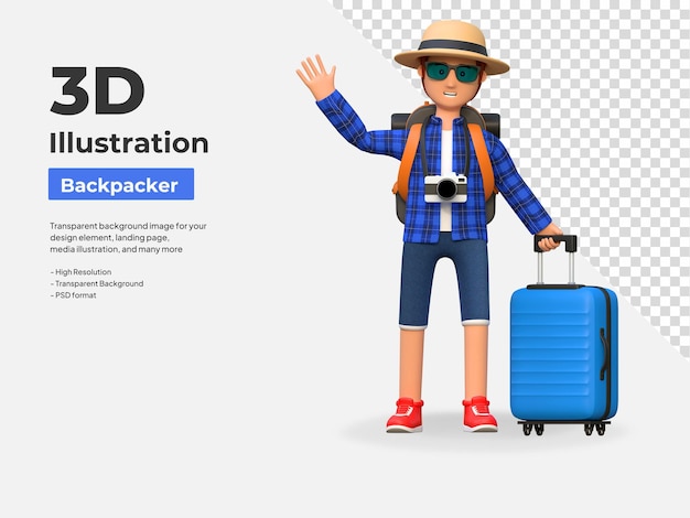 PSD 공항 3d 만화 캐릭터 삽화에서 여행 가방을 들고 손을 흔드는 백패커