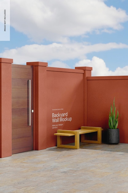 PSD backyard wall mockup, perspective