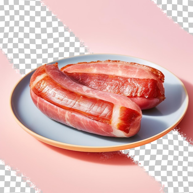 Bacon ham and sausage on a black plate alone transparent background