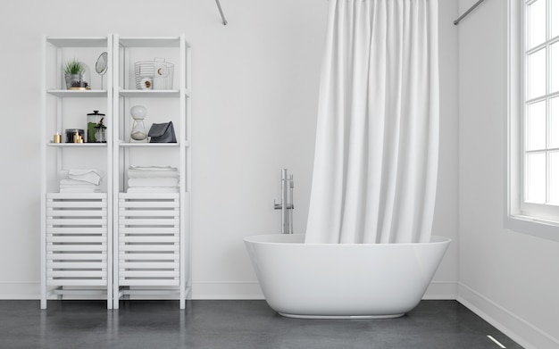 Badekar med gardin og hylle