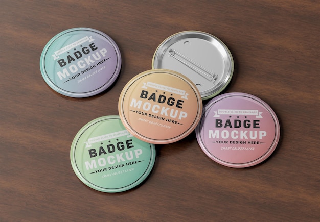 Badge pin button isolated on wood Mockup