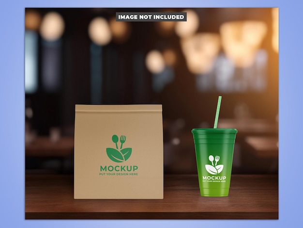 Bag and cup mockup in table