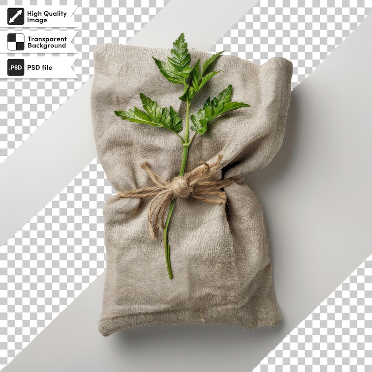 PSD a bag of green leaves is tied with a bow
