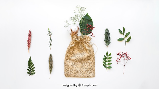 Bag mockup and different leaves