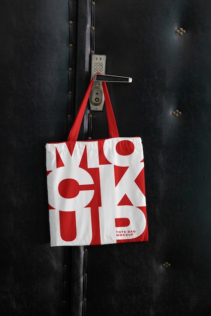 PSD bag mockup hung on door