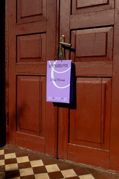 Bag mockup hung on door