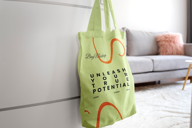 PSD bag mockup hung on door