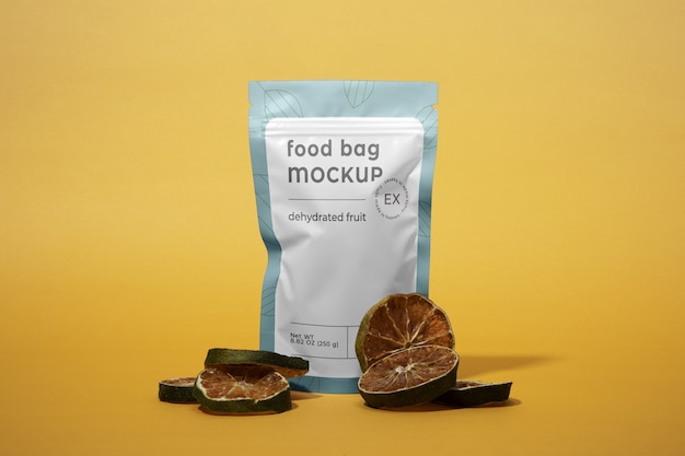 PSD bag mockup with dehydrated fruit