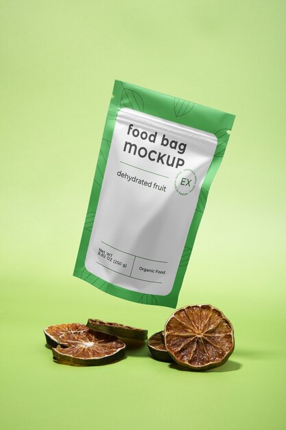 PSD bag mockup with dehydrated fruit