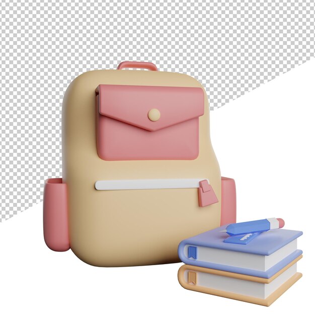 Scuole di borsa con libro matita righello vista frontale 3d rendering illustrazione icona sfondo trasparente