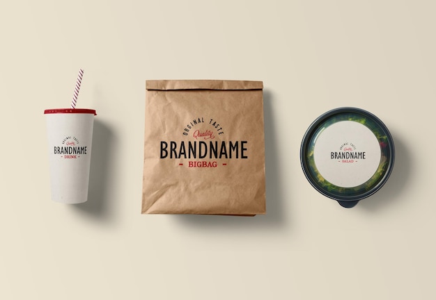 Bag with paper cup and salad mockup