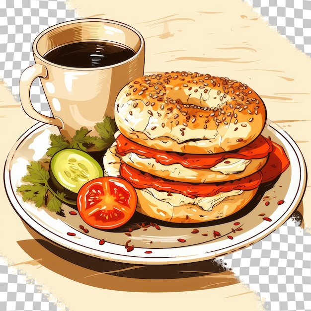 PSD bagel with toppings and tea on plate transparent background