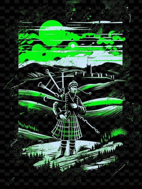 PSD bagpiper w mglistym szkockim krajobrazie górskim z ilustracją wektorową