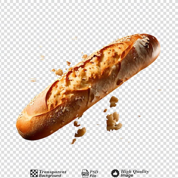 PSD baguette bread with falling crumbs isolated on transparent background