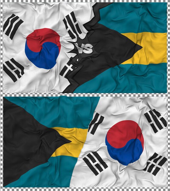 Bahamas versus Zuid-Korea Half gecombineerde vlag Stof Bump Texture 3D Rendering