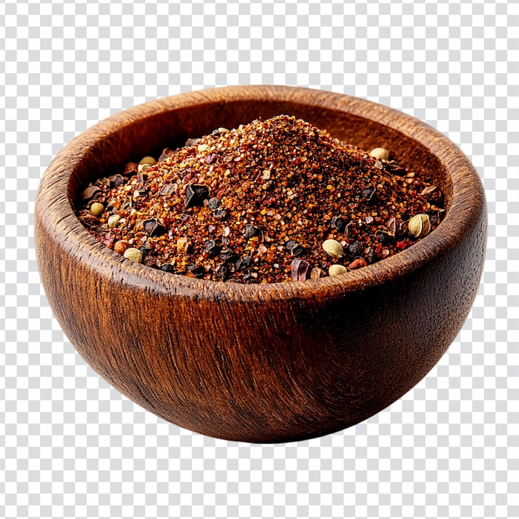 PSD baharat spice blend in a wooden bowl on a transparent background