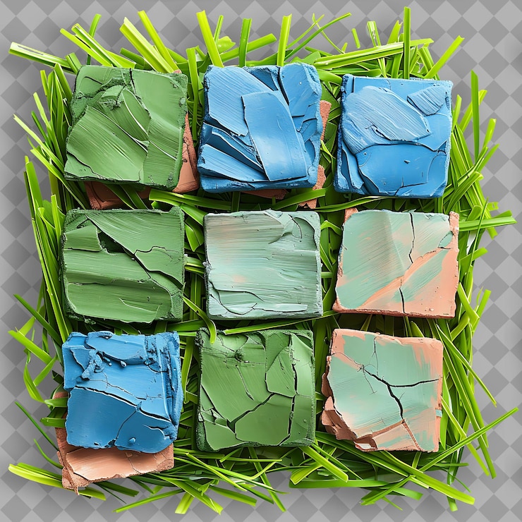 PSD bahia grass with terracotta and blue pottery shards and gree isolated green texture on clean bg