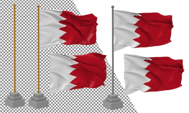 PSD bahrain flag waving different style with stand pole isolated 3d rendering