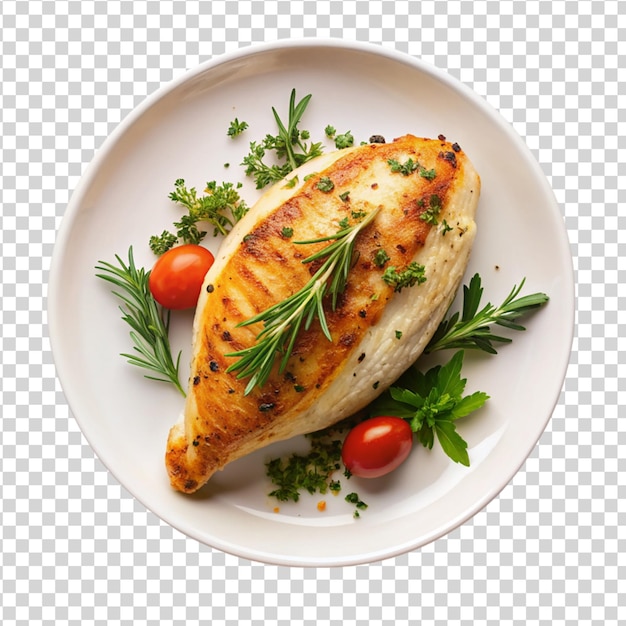 PSD filetto di pollo al forno su un piatto bianco isolato su uno sfondo bianco