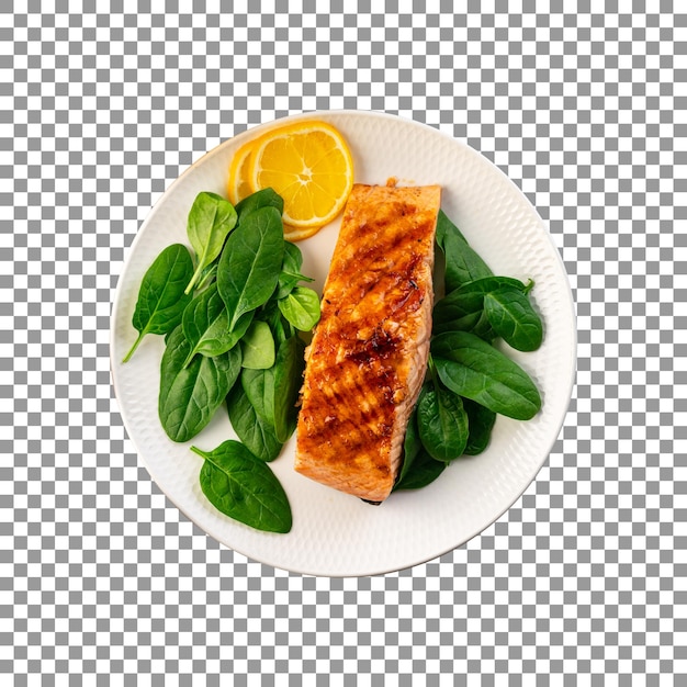 PSD baked salmon fish on tray with transparent background