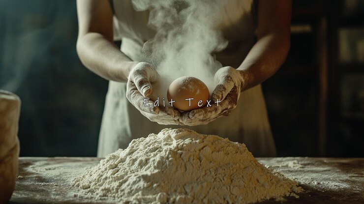 PSD bakers hands cradling an egg above flour
